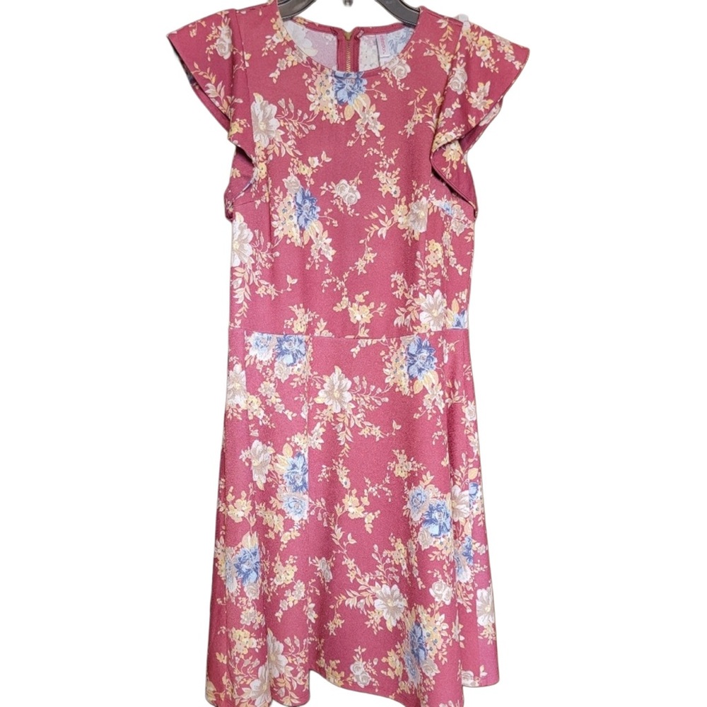 Pale Brick Red, Blue, Yellow Flower Dress w/Flutter Sleeves - Sz M - Like New!
